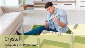  Presentation with 3d man puzzle assembling - Presentation design featuring man assembling furniture at home background and a  colored foreground