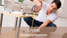  Presentation with 3d man puzzle assembling - PPT theme with man assembling shelf at home background and a coral colored foreground