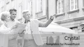  Presentation with aged map - Cool new presentation theme with man assisting to middle-aged couple with road map in city backdrop and a light gray colored foreground