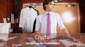  Presentation with man looking up happy - Cool new slide deck with man-at-counter-looking-away backdrop and a tawny brown colored foreground