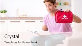  Presentation with first aid kit - Cool new PPT theme with man at home with first backdrop and a  colored foreground