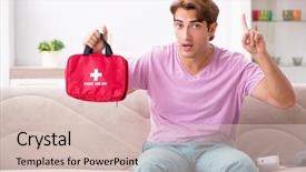  Presentation with first aid kit - Slide deck enhanced with man at home with first background and a  colored foreground