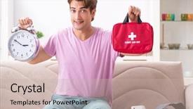  Presentation with first aid kit - Colorful slide set enhanced with man at home with first backdrop and a soft green colored foreground