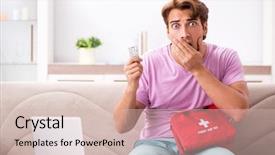  Presentation with first aid kit - Slide set featuring man at home with first background and a  colored foreground