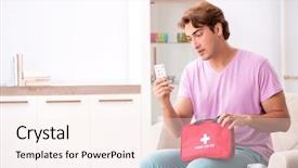  Presentation with first aid kit - Beautiful PPT layouts featuring man at home with first backdrop and a sky blue colored foreground