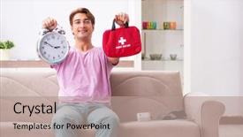  Presentation with first aid kit - Amazing PPT theme having man at home with first backdrop and a coral colored foreground