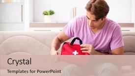  Presentation with first aid kit - Slide set consisting of man at home with first background and a soft green colored foreground