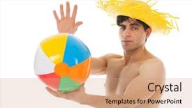  Presentation with beach ball - Cool new theme with man at the beach with many muscles and straw hat throwing ball backdrop and a coral colored foreground