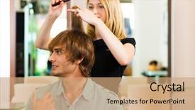  Presentation with hair - Amazing theme having man at the hairdresser she is cutting his hair backdrop and a coral colored foreground