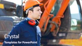  Presentation with work safety - PPT theme having man at work background and a ocean colored foreground