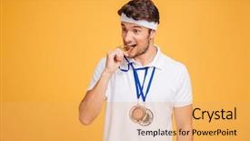  Presentation with medal - Beautiful theme featuring man athlete biting his medal backdrop and a yellow colored foreground