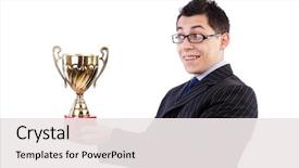  Presentation with cup trophy star award - Slide deck featuring man awarded with cup isolated background and a white colored foreground