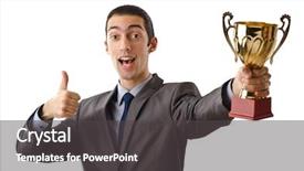  Presentation with award winner champion golden trophy - PPT theme enhanced with man being awarded with golden background and a dark gray colored foreground