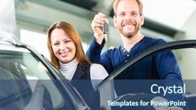  Presentation with auto dealership - PPT layouts with man beside a new car background and a ocean colored foreground