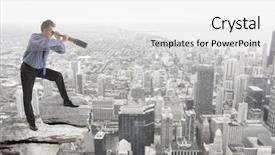  Presentation with telescope - Amazing slide deck having man binnoculars - businessman looks through a telescope backdrop and a white colored foreground