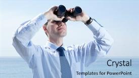  Presentation with blue sky - Colorful PPT theme enhanced with man binnoculars - businessman with binoculars against blue backdrop and a light blue colored foreground