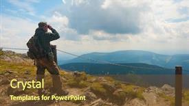  Presentation with scenery - Presentation theme with man binnoculars - hiker stands on a peak background and a tawny brown colored foreground
