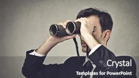  Presentation with binoculars at a lookout point - Beautiful PPT theme featuring man binnoculars - young businessman looking with binoculars backdrop and a dark gray colored foreground