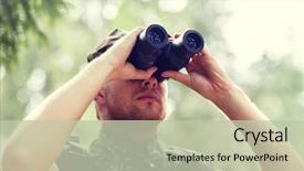  Presentation with binocular - Colorful PPT layouts enhanced with man binnoculars - young soldier or hunter backdrop and a  colored foreground