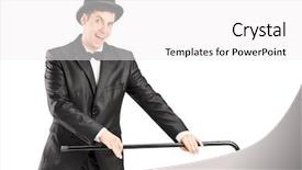  Presentation with magician - Beautiful slide set featuring man black suit - male magician holding a cane backdrop and a  colored foreground