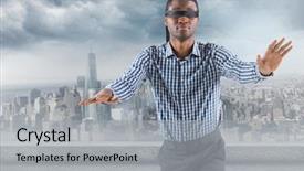  Presentation with blindfolded - Theme with man blindfolded with against skyline background and a  colored foreground