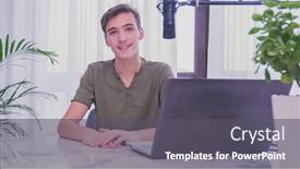  Presentation with online streaming - PPT layouts with man-blogger-videotapes-his-vlog background and a dark gray colored foreground
