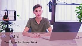  Presentation with online streaming - Slide deck having man-blogger-videotapes-his-vlog background and a coral colored foreground