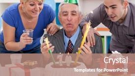  Presentation with birthday cake and candle - Colorful PPT theme enhanced with man blowing candles on birthday backdrop and a coral colored foreground