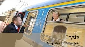  Presentation with commuter - Cool new presentation design with man blowing kiss to woman on train happy leaving commuter backdrop and a coral colored foreground