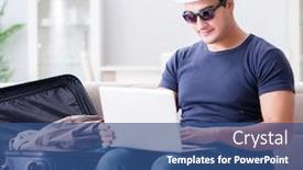  Presentation with online travel - Beautiful PPT theme featuring man booking online his travel flight and hotel backdrop and a ocean colored foreground