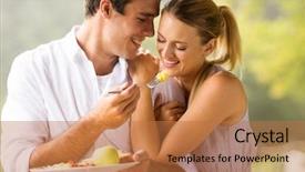  Presentation with breakfast - Slide set featuring man bread - beautiful young couple eating breakfast background and a coral colored foreground