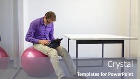  Presentation with posture - PPT theme having man-browsing-internet-on-tablet background and a gray colored foreground