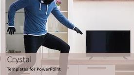  Presentation with house - Colorful slide deck enhanced with man burglar stealing tv set from house backdrop and a mint green colored foreground