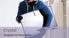  Presentation with house - Beautiful slide set featuring man burglar stealing tv set from house backdrop and a light blue colored foreground