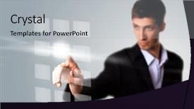  Presentation with focus - PPT theme enhanced with man buttons - businessman hand pressing digital button background and a light gray colored foreground