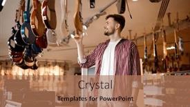  Presentation with instrument - Slide set with man-buyer-choosing-electric-guitar background and a coral colored foreground