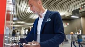  Presentation with public transportation - PPT theme with man-buying-ticket-to-train and a navy blue colored foreground