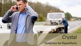  Presentation with tow truck - Slide set enhanced with casualty insurance - man calling while tow truck background and a coral colored foreground