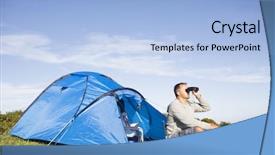  Presentation with camping - Cool new slide set with man camping outdoors and looking through binoculars backdrop and a light blue colored foreground
