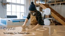  Presentation with carpenter - Theme consisting of man-carpenter-polishing-bar-planks background and a coral colored foreground