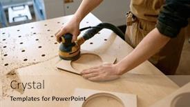  Presentation with carpenter - Slide set with man-carpenter-polishing-bar-planks background and a coral colored foreground