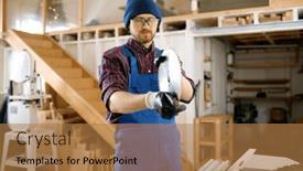  Presentation with woodworking - Presentation design with man-carpenter-preparing-round-saw background and a coral colored foreground