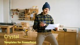  Presentation with carpenter - Slide set featuring man-carpenter-sitting-on-table background and a tawny brown colored foreground