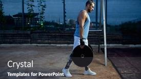  Presentation with barbell - Slide set consisting of man-carries-barbell-weights-street background and a dark gray colored foreground