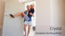  Presentation with honeymoon - PPT theme featuring man carries woman over threshold background and a light gray colored foreground