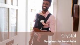  Presentation with man door - Colorful PPT theme enhanced with man carrying baby daughter in sling opens front door of house backdrop and a coral colored foreground