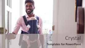  Presentation with man door - Cool new PPT layouts with man carrying baby daughter in sling opens front door of house backdrop and a light gray colored foreground