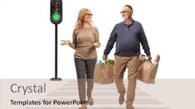  Presentation with pedestrian crossing - Presentation featuring man-carrying-grocery-bags background and a coral colored foreground