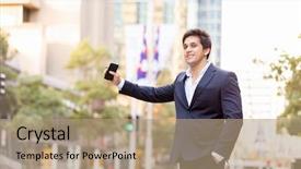 Presentation with taxi cabs new york city - Presentation theme with man catch mobilphone - businessman catching taxi in city background and a  colored foreground