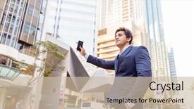  Presentation with taxi cabs new york city - Presentation design consisting of man catch mobilphone - businessman catching taxi in city background and a soft green colored foreground